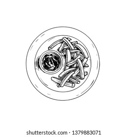 French fries potato on plate with tomato sauce. Top view. Fries with ketchup. Sketch style hand drawn illustration. Fast food artwork. Vector image isolated on white.