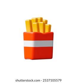 French fries potato pack box 3D cartoon plastic style vector icon. Fast food takeaway eating. Render appetizing fried potato sticks in red paper bag. Realistic volume American street dish