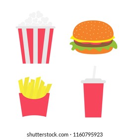 French fries potato in a paper wrapper box. Popcorn. Burger. Soda drink glass with straw. Fried potatoes. Movie Cinema icon set. Fast food menu. Flat design. White background. Vector illustration