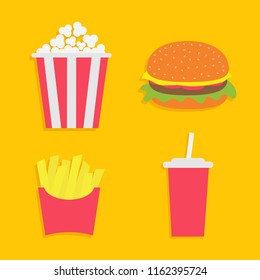 French fries potato in a paper wrapper box. Popcorn. Burger. Soda drink glass with straw. Fried potatoes. Movie Cinema icon set. Fast food menu. Flat design. Yellow background. Vector illustration