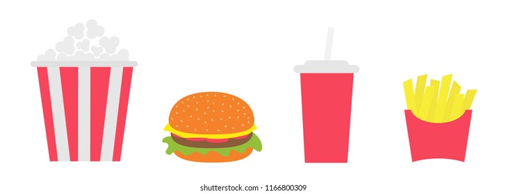 French fries potato in a paper wrapper box. Popcorn. Burger. Soda drink glass with straw. Fried potatoes. Icon set. Movie Cinema icon set. Fast food menu. Flat design. White background. Vector