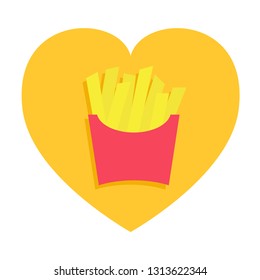 French fries potato in a paper wrapper box icon. Fried potatoes. Fast food menu. Heart shape. I love eating. Flat design. Yellow background. Isolated. Vector illustration