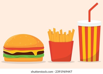 French fries potato in a paper wrapper box. Burger. Soda drink glass with straw. Fried potatoes. Icon set. Movie Cinema icon set. Fast food menu. Flat design