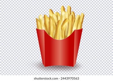 French Fries potato in red carton package box Isolated on transparent. Roasted potato chips in deep fat fry oil potatoes. Yellow sticks. Fast Food. Unhealthy tasty food. Vector illustration
