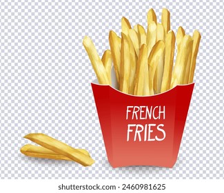 French Fries potato in red carton package box Isolated on transparent. Roasted potato chips in deep fat fry oil potatoes. Yellow sticks. Fast Food. Unhealthy tasty food. Vector illustration