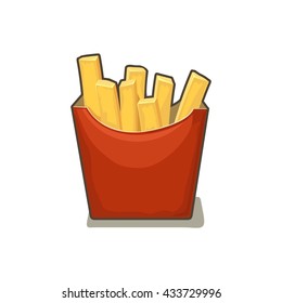 French fries potato in red paper Box. Isolated on white background with shadow. Vector flat illustration for poster, menus, web, banner, icon