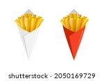 French fries potato tasty fast street food in white and red paper cone. Fried potato sticks bunch package set. Vector flat mockups. Eps illustration isolated on white background