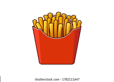 French fries potato tasty fast street food in red paper carton package box. Vector flat takeaway meal eps illustration isolated on white background