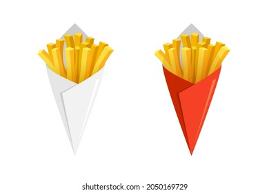 French fries potato tasty fast street food in white and red paper cone. Fried potato sticks bunch package set. Vector flat mockups. Eps illustration isolated on white background