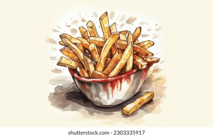 French fries potato watercolor illustration isolated on white background