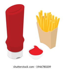 French fries, potatoe fries bottle of tomato ketchup and bowl with ketchup sauce. Vector. Isometric view