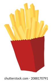 French fries potatoes in box. Hand drawn vector illustration in flat style. Single fast food doodle. Cartoon clipart isolated on white background.