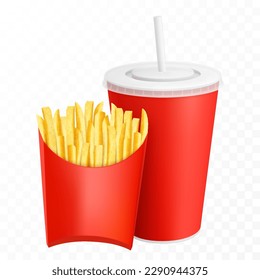 French fries, potatoes chips sticks snack in red cardboard packing, with plastic or paper cup with drinking straw. Snack fast food takeaway. Realistic 3d Vector illustration. isolated