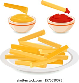 French fries potatoes on a dish and bowls with dipping sauces. Vector illustration.