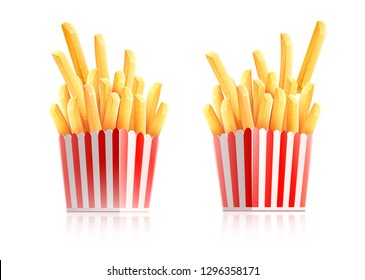 French fries. Potatoes in paper box. Snack fast food takeaway. Popular roasted potatoes chips sticks snack in cardboard packing, isolated on white transparent background. Vector illustration.