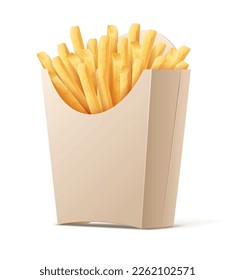 French fries. Potatoes in paper box. Snack fast food takeaway. Popular roasted chips sticks cardboard packing, isolated on white transparent background. Vector illustration