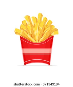 French fries potatoes in paper wrapper. Potato chips. Fast food. Delicious Meal pack. Vector illustration. Isolated white background.