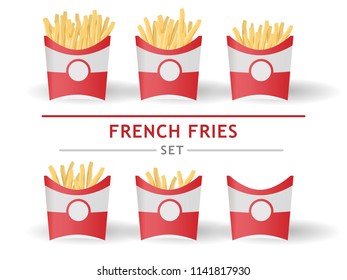 French Fries potatoes in red carton set. Flat style vector graphic, fast food.
