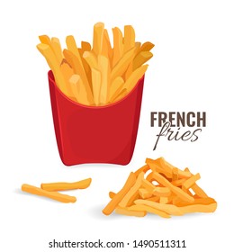 French fries potatoes in red paper carton package box. Vector