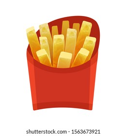 French fries potatoes in red paper carton package box Isolated on White background. Fast Food. Vector