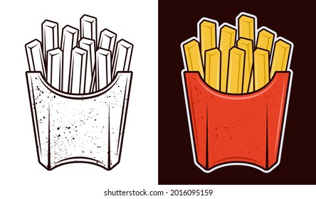 French fries potatoes two styles black on white and colorful on dark background vector illustration