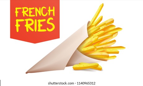 French Fries Potatoes Vector. Fast Food Icons Potato. Full Paper Bag, Cone. Isolated Realistic Illustration
