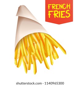 French Fries Potatoes Vector. Paper Cone. Classic American Stick Breakfast. Isolated Realistic Illustration
