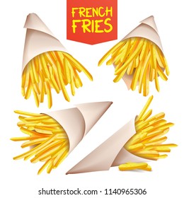 French Fries Potatoes Vector. Paper Bag, Cone. Tasty Fast Food Potato. Classic American Stick Breakfast. Isolated Realistic Illustration
