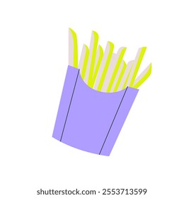 French Fries In Purple Box In Flat Vector Illustration Symbolizing Fast Food, Casual Dining, And Snack Culture, Isolated On White Background.