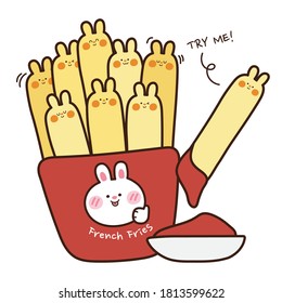 Papas fritas en forma de conejo con dibujos animados sobre la salsa de tomate. Pruébeme texto. Comida Kawaii. Vector. Ilustración.