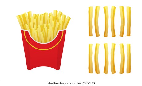 French fries in a red box. Set of french fries isolated on white background. Vector illustration.