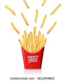 French fries in red box, spread out into the air, template design isolated on white background, Eps 10 vector illustration