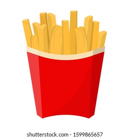 French fries in the red box vector isolated. Junk food, fat meal. Element for cafe menu. Tasty yellow potato product.