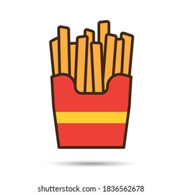 Papas fritas en el icono de línea vectorial de caja roja, estilo plano con relleno de color. Símbolo de comida rápida.