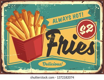 French fries in red box vintage fast food sign. Street food fries retro poster design. Junk food restaurant promotional ad concept. Potato chips vector illustration.