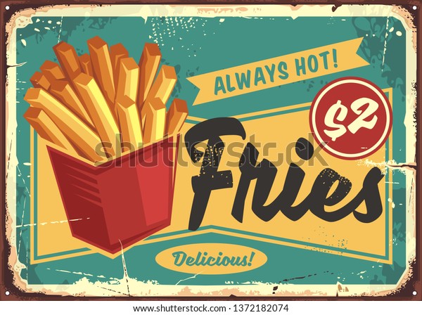 French fries in red box\
vintage fast food sign. Street food fries retro poster design. Junk\
food restaurant promotional ad concept. Potato chips vector\
illustration.