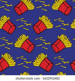 French fries in red boxes seamless pattern. Blue background. Fast food, snack vector wallpaper.	