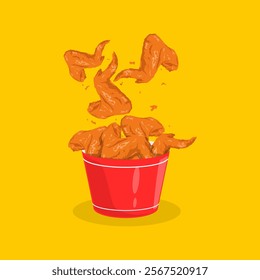 french fries in a red bucket vector illustration. chicken wings on a red bucket illustration.