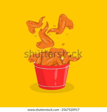 french fries in a red bucket vector illustration. chicken wings on a red bucket illustration.