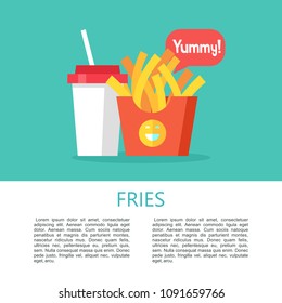 French fries in a red cardboard box. Hot fast food. Yummy. Soft drink. Vector illustration. 