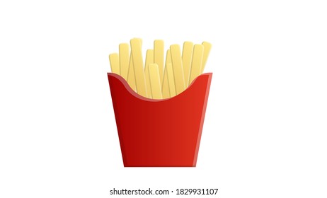 French fries in a red cardboard cup, vector illustration. delicious and unhealthy food. fast food, restaurant food. branded delicious potatoes in butter. on white matte background.