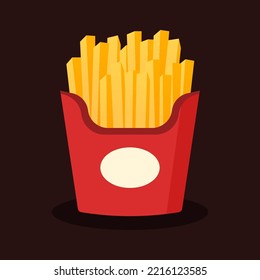 French fries in red carton. Crispy potato sticks in paper package. Fast food snack concept. Junk food or unhealthy menu. Cute cartoon meal icon. Flat vector graphic design isolated illustration. 