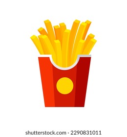 French fries in a red pack box. Fried potato in a paper package. Fast food template. Vector illustration in trendy flat style isolated on white background.