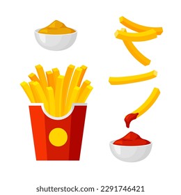 Pommes frites in einer roten Packung. Frittierte Kartoffel mit Ketschup-Tauchsoße. Fast Food-Vorlage. Vektorgrafik im trendigen, flachen Stil einzeln auf weißem Hintergrund.