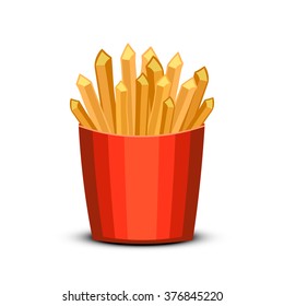 French fries in red package. Fast food french fries in paper pack isolated on white background.