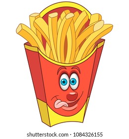 French Fries in red package. Happy Fast Food concept. Funny Emoticon. Smiley idea. Emoji cartoon design for kids coloring book, colouring page, t-shirt print, icon, logo, label, patch, sticker.