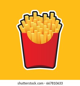 French fries in red package isolated on yellow backgroun, fast food illustration