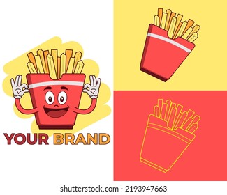 French fries in red packaging cartoon character laughing, fast food concept logo