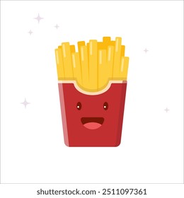 Batatas fritas em embalagem vermelha. Fast food com um rosto bonito. Sorrindo de batata saborosa, caráter amigável. Ilustração de vetor plano sobre fundo branco