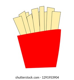 french fries in red packet; deep fried yellow sliced potato stick isolated on white background. vector illustration